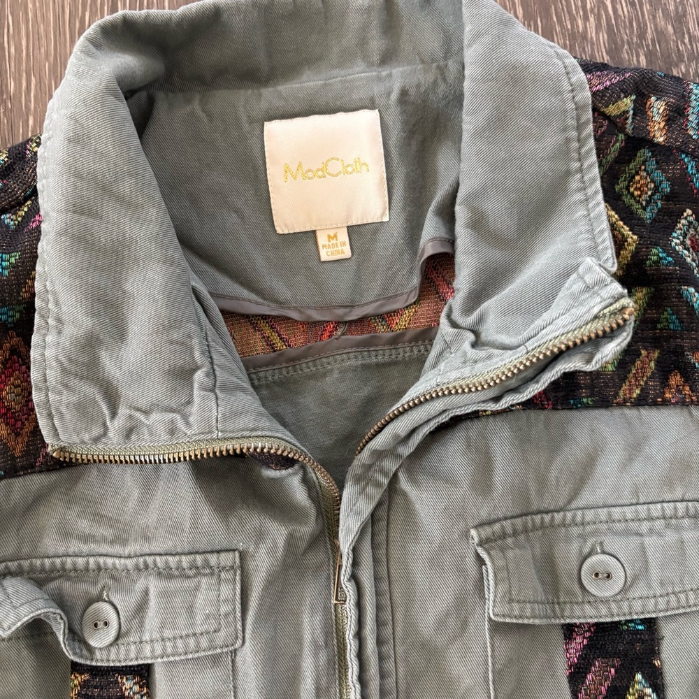 ModCloth Utility Green Aztec Embroidery Jacket M - Picture 6 of 11